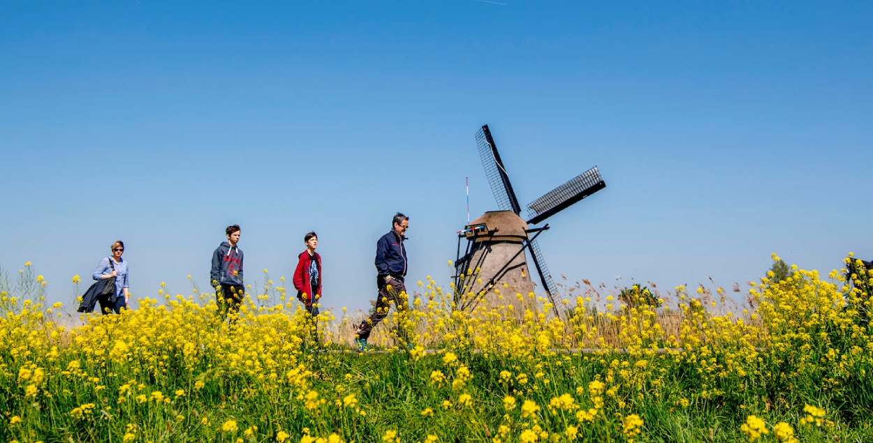 Dutch landscape with a windmill and a family that's enjoying a walk. 