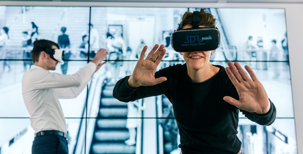 Two boys with virtual glasses. 