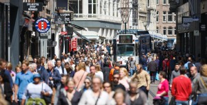 Crowded shopping street in city center of Amsterdam.  