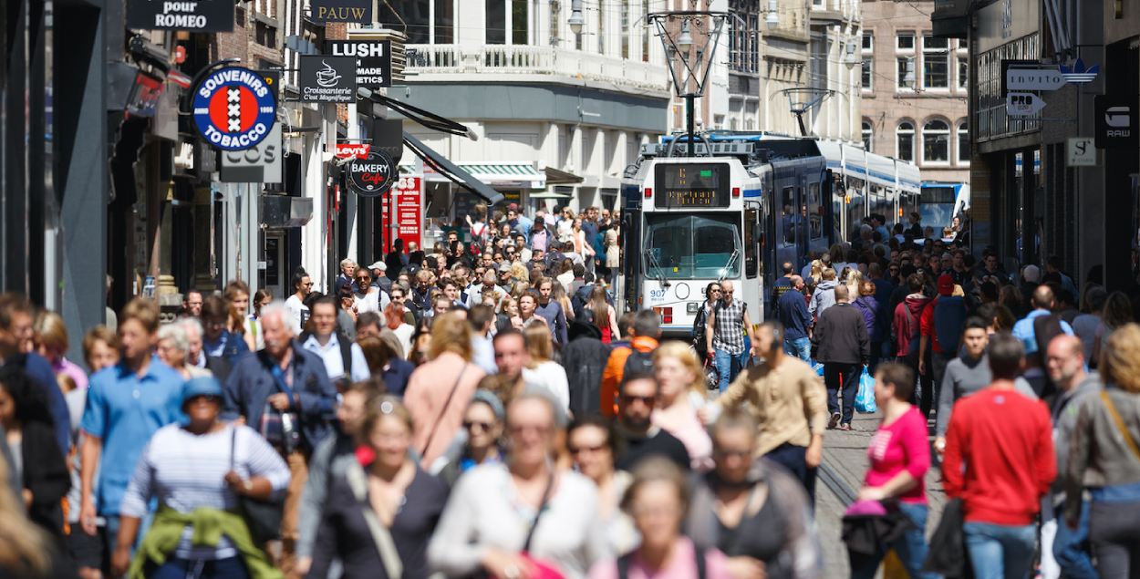 Crowded shopping street in city center of Amsterdam.  