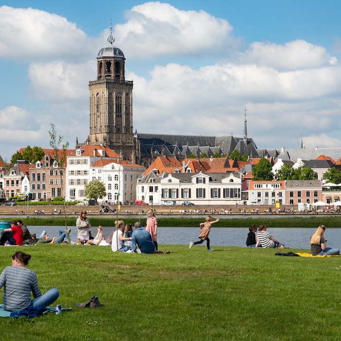 Dutch city with water and church. 