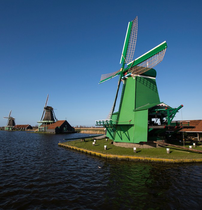 Green wind mill at the Zaanse Schans. 