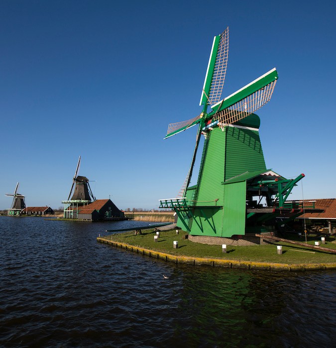 Green wind mill at the Zaanse Schans.