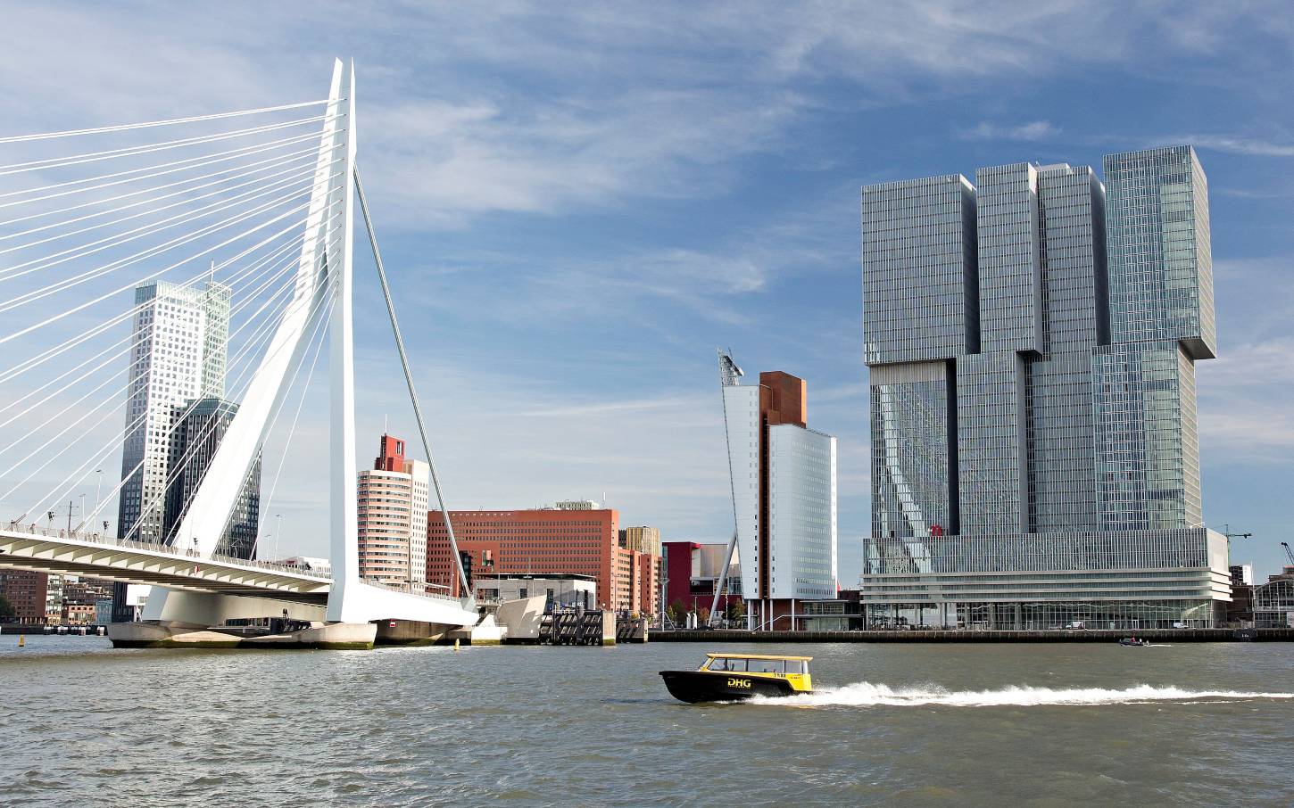 Skyline of Rotterdam with buildings and the Erasmus bridge. 