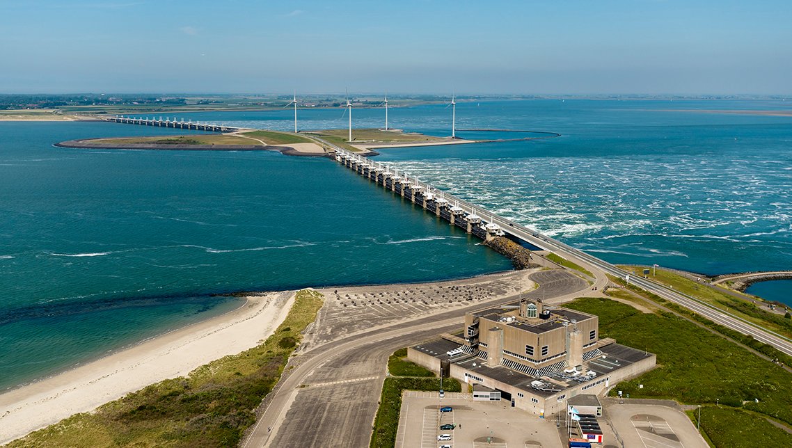 Sky picture of one of the Delta Works in The Netherlands, called the Oosterschelde. 